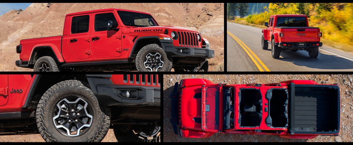 A collage of four images of the 2022 Jeep Gladiator Rubcon from several angles.